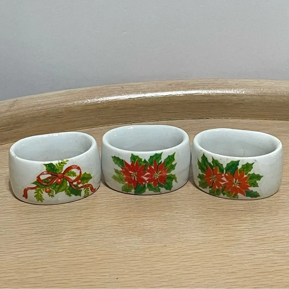 Porcelain Poinsettia & Holly Christmas Napkin Rings Festive Holiday Design 3 Set